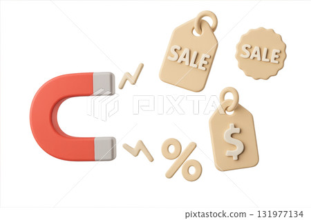 3d sale magnet attracts discount tag percent and dollar symbol in beige and orange color playful style for shopping promotion and marketing concept 131977134