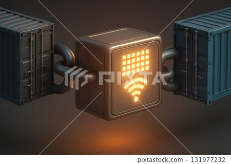 Shipping container chain with glowing digital lock, wireless symbol, and illuminated code, representing secure logistics, technology, and modern connectivity in global transport 131977232