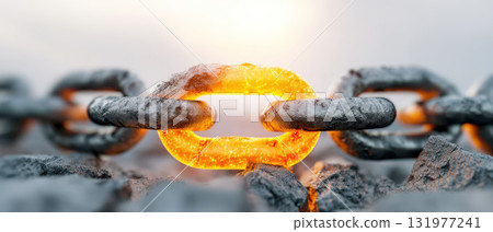 Strong supply chain resilience concept with glowing heated metal link symbolizing strength connection durability and reliability in industrial environment 131977241