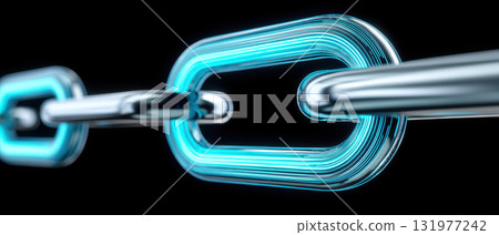 Futuristic supply chain resilience concept with glowing metallic chain link symbolizing strength and secure connection in logistics and technology on black background 131977242