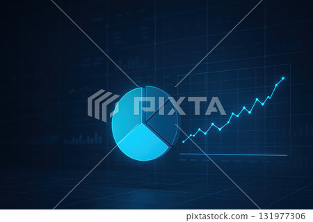 Pie chart line graph digital interface data analysis financial growth futuristic blue abstract technology statistics. glowing pie chart and upward line graph float digital interface symbolizing Pie chart line graph digital interface data analysis financial growth futuristic blue abstract technology statistics. glowing pie chart and upward line graph float digital interface symbolizing 131977306