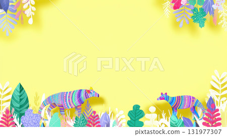 Colorful mexican folk art animals and vibrant leaves decorate border of bright yellow background creating cheerful and festive atmosphere for creative projects 131977307