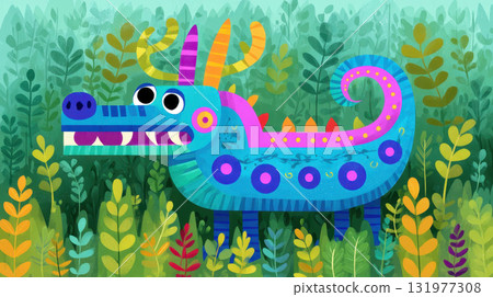 Colorful mexican folk art dragon with vibrant blue body, whimsical patterns, playful expression and decorative horns standing among lush green plants in lively nature scene Colorful mexican folk art dragon with vibrant blue body, whimsical patterns, playful expression and decorative horns standing among lush green plants in lively nature scene 131977308
