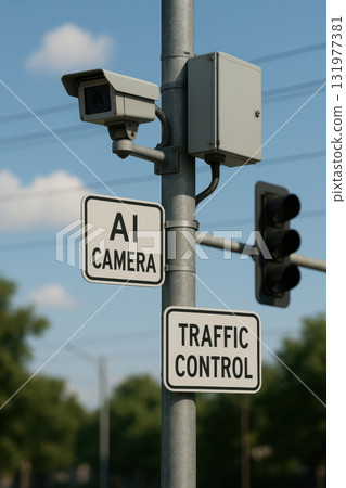 AI camera and traffic control sign mounted on metal pole with surveillance camera and control box, set against clear sky and blurred urban background, representing modern city monitoring AI camera and traffic control sign mounted on metal pole with surveillance camera and control box, set against clear sky and blurred urban background, representing modern city monitoring 131977381