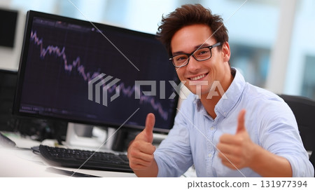 Cheerful trader at computer with positive graph 131977394
