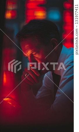 Worried person checking phone red trading numbers 131977411