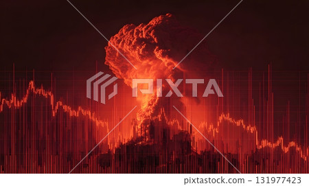Volcano eruption behind crashing stock chart 131977423