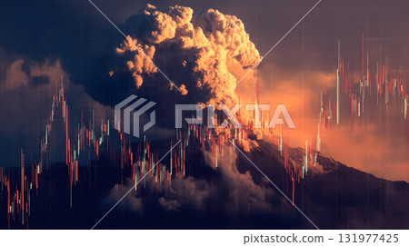 Volcano eruption behind crashing stock chart 131977425
