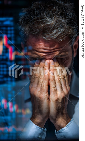 Nervous investor covering face trading loss 131977440