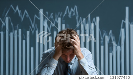 Businessman head in hands falling chart backdrop 131977450