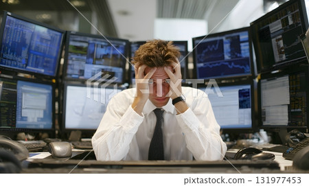 Trader stressed at multiple computer screens 131977453