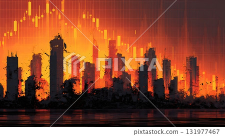 Abstract ruins city skyline and falling charts 131977467