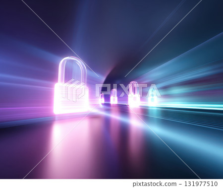Quantum technology enhances cryptography methods to ensure advanced security in digital communication with glowing padlock symbols representing protection and trust 131977510