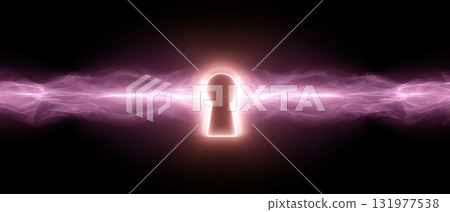 Quantum energy flows through glowing keyhole symbolizing advanced cryptography and security concepts in futuristic digital environment with dark background and pink light effects 131977538