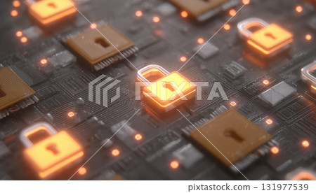 Quantum cryptography concept with glowing lock icons on circuit board representing advanced security technology protecting data from cyber threats in futuristic digital environment Quantum cryptography concept with glowing lock icons on circuit board representing advanced security technology protecting data from cyber threats in futuristic digital environment 131977539