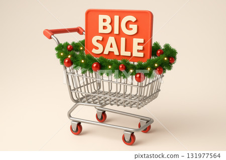 3d shopping cart decorated with green garland and red ornaments featuring big sale sign festive holiday theme isolated on light background perfect for seasonal promotions 131977564