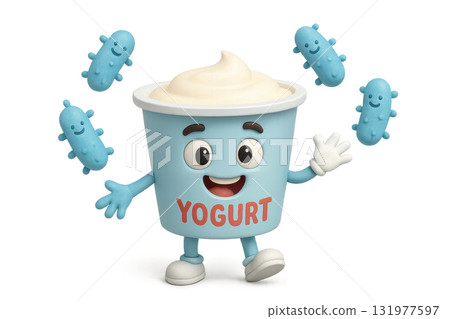 3d medical yogurt cup character with smiling face surrounded by friendly blue probiotic bacteria on transparency background, healthy dairy product concept, cheerful and playful mood 131977597