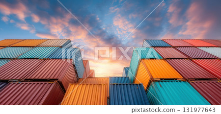Colorful shipping container stacked under vibrant sky showing supply chain resilience and workforce strength in logistics and transportation industry Colorful shipping container stacked under vibrant sky showing supply chain resilience and workforce strength in logistics and transportation industry 131977643