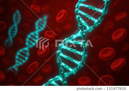 DNA strand with red blood cell background represents biotech and longevity research in medical science and genetic study for health improvement and life extension 131977650