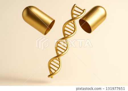 Golden DNA strand emerging from capsule represents biotech innovation in longevity research for advanced medical science and health improvement 131977651