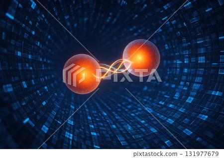 Quantum entanglement concept with glowing particles connected by light strands illustrating cryptography and security in futuristic digital space with blue matrix background 131977679