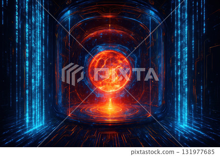 Quantum technology visualization with glowing orange sphere surrounded by blue digital streams representing cryptography and security in futuristic data environment 131977685