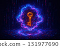 Quantum cryptography concept with glowing key symbol surrounded by vibrant blue and purple energy cloud representing security in digital data protection 131977690