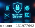 Quantum security concept with cryptography icons and digital lock shield symbol glowing in blue neon light on dark background for data protection and cybersecurity technology 131977692