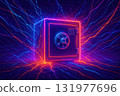 Neon glowing safe surrounded by electric quantum lines representing cryptography and security in futuristic digital environment with vibrant blue and orange colors 131977696
