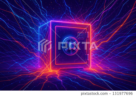 Neon glowing safe surrounded by electric quantum lines representing cryptography and security in futuristic digital environment with vibrant blue and orange colors 131977696