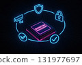 Quantum processor surrounded by glowing security icons including shield, lock, and camera symbolizing advanced cryptography protection in digital technology for secure data processing 131977697
