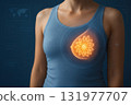 Breast anatomy illustration on woman chest with glowing mammary gland and ducts showing breast cancer awareness and medical health concept in blue tank top 131977707