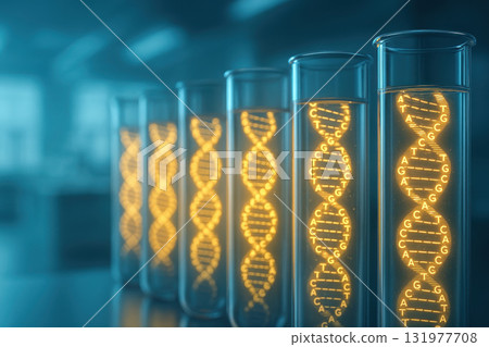 DNA strand glowing inside test tube in laboratory setting representing biotech longevity research for medical innovation and scientific discovery 131977708