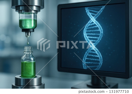 Biotech research focuses on longevity with advanced laboratory equipment analyzing DNA structures and green liquid samples to innovate health and life extension solutions 131977710