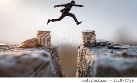 Person jumping between profit and risk 131977789