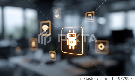 robotic process automation glowing AI icons over modern workspace 131977990