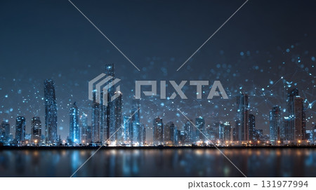 futuristic city skyline with AI digital network overlays glowing 131977994