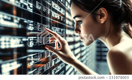 Database administrator managing warehouse inventory on futuristic transparent digital screen 131978003