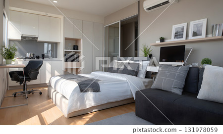 young professional digital nomad minimalist studio apartment 131978059