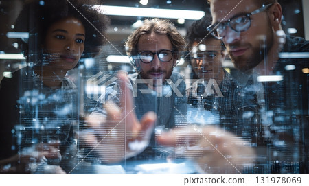 startup team collaborating virtually holographic board 131978069