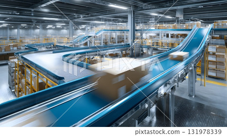 futuristic logistics hub with robotic sorting belts 131978339