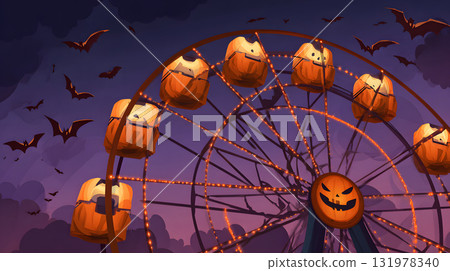 A Ferris wheel and bats floating in the Halloween night sky. A fantastic and cute night landscape illustration 131978340