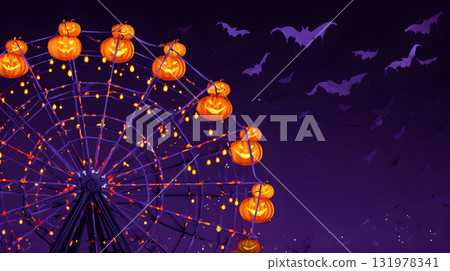 萬聖節夜晚空中漂浮的摩天輪和蝙蝠。一幅夢幻可愛的夜景插畫 131978341