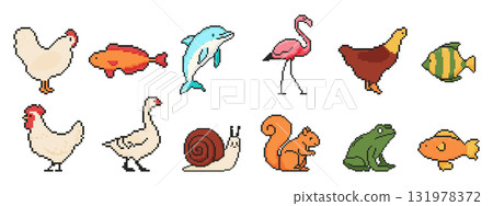 8 bit animal set. Pixel art objects. Old school vintage game graphics. Chicken, dolphin, flamingo, fish, snail, frog. 131978372