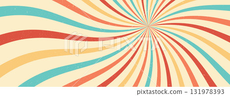 Retro swirl sunburst background, groovy spiral rays. Vintage abstract pattern with grunge texture. Funky wave art. Retro swirl sunburst background, groovy spiral rays. Vintage abstract pattern with grunge texture. Funky wave art. 131978393