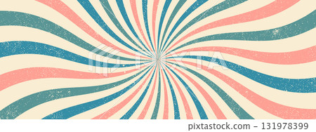 Vintage sunburst pattern. Groovy spiral swirl. Psychedelic retro background with grunge texture. 131978399