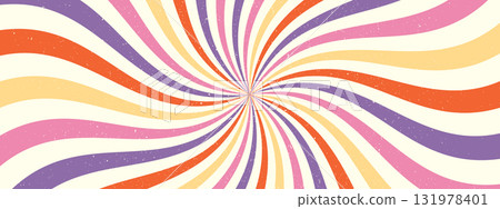 Groovy psychedelic swirl background. Retro spiral starburst pattern. Vintage abstract burst bg. Groovy psychedelic swirl background. Retro spiral starburst pattern. Vintage abstract burst bg. 131978401