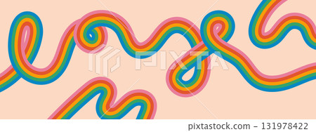 Retro wavy lines pattern with colorful rainbow stripes. Vintage 60s style groovy background. Abstract vector illustration. 131978422