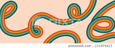 Groovy retro horizontal banner with rainbow curved lines. Abstract vintage background with wavy stripes. Groovy retro horizontal banner with rainbow curved lines. Abstract vintage background with wavy stripes. 131978423
