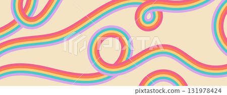 Abstract retro pattern with colorful wavy stripes. Groovy rainbow lines background for vintage posters and designs. Abstract retro pattern with colorful wavy stripes. Groovy rainbow lines background for vintage posters and designs. 131978424